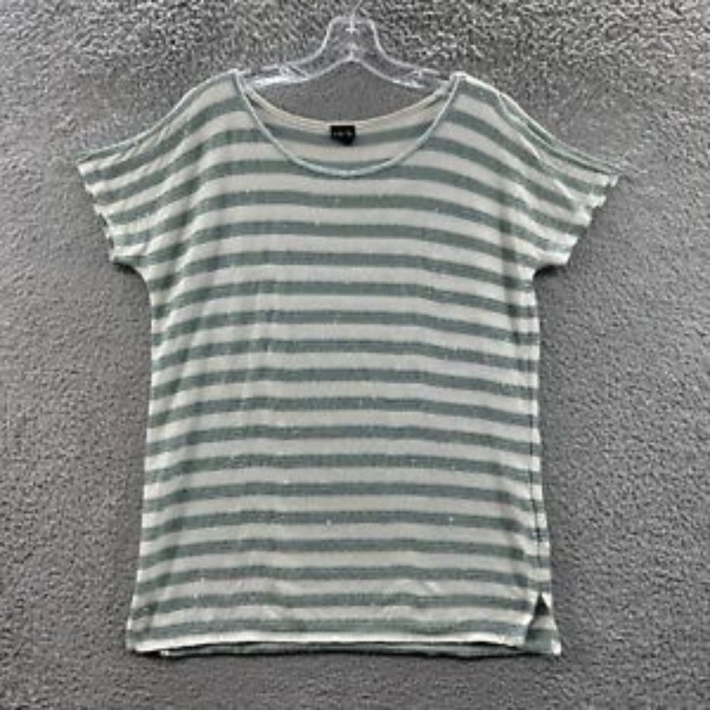 Rafaella Shirt Women's Small Green & Beige Striped Split‎ Sleeve Top Ladies S